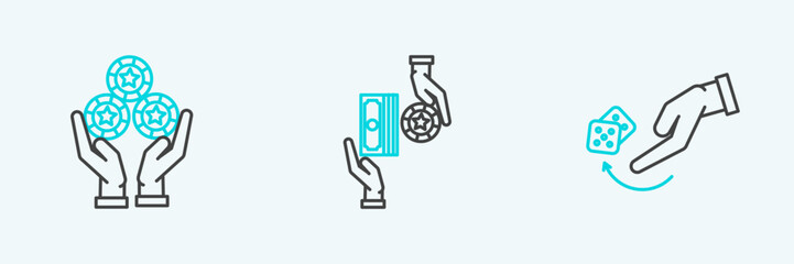 Set line Human hand throwing game dice, Hand holding casino chips and Casino exchange on stacks of dollars icon. Vector