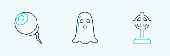 Set line Tombstone with cross, Eye and Ghost icon. Vector