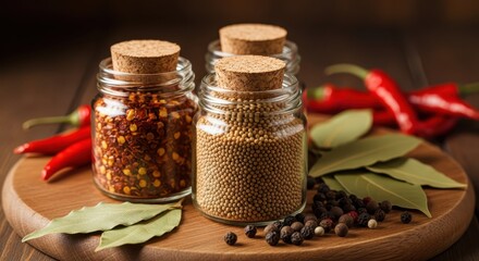 A rustic arrangement of spices in glass jars with chili peppers and bay leaves on a wooden board