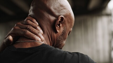 Man stretching his neck side to side due to muscle tightness.