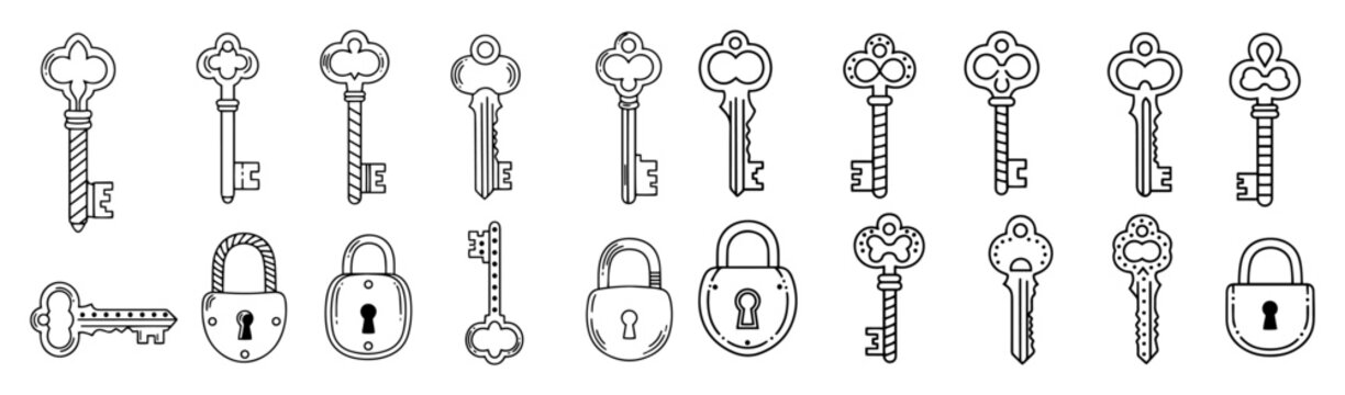 vintage skeleton key and lock icon set vector