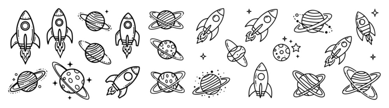 hand drawn rockets and planets doodle