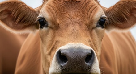 Brown cow, calm and curious, looking directly at the camera, grassy field background