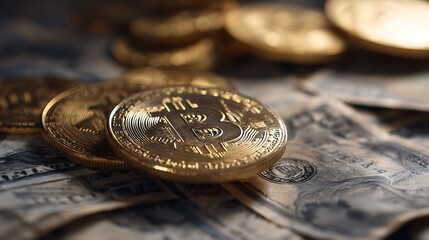 Bitcoin cryptocurrency digital money investment finance blockchain technology golden coins and cash usd currency