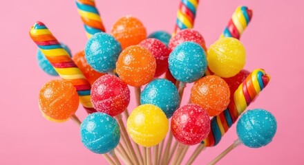 A vibrant bunch of colorful lollipops against a pink background, perfect for a sweet treat