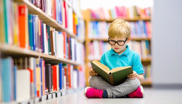 Young Boy Reading Book in Library A Focus on Early Literacy