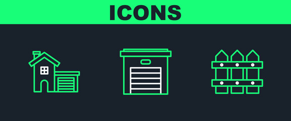 Set line Garden fence wooden, House and Garage icon. Vector