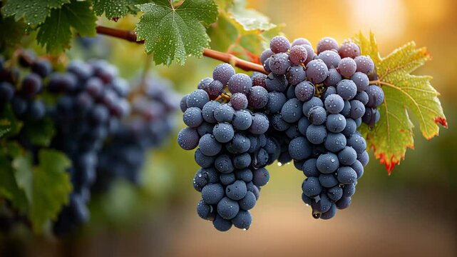 Fresh, ripe clusters of dark purple grapes hanging from lush green vines, glistening with dew in a sunlit vineyard, showcasing the beauty of nature's bounty and agricultural abundance
