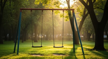 An empty swing set stands peacefully in a sunlit park, surrounded by lush green trees and grass