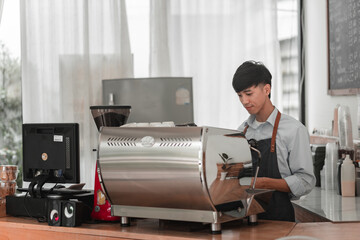 Barista preparing coffee coffee shop action photo modern environment close-up view daily life