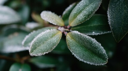 Close-up of a plant with green leaves covered in frost. the leaves are oval-shaped and have a glossy texture.