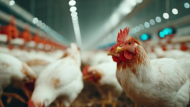 Chicken Farm: A close-up shot captures a vibrant, healthy chicken amidst a large flock. The image showcases a commercial poultry setting, highlighting modern farming practices