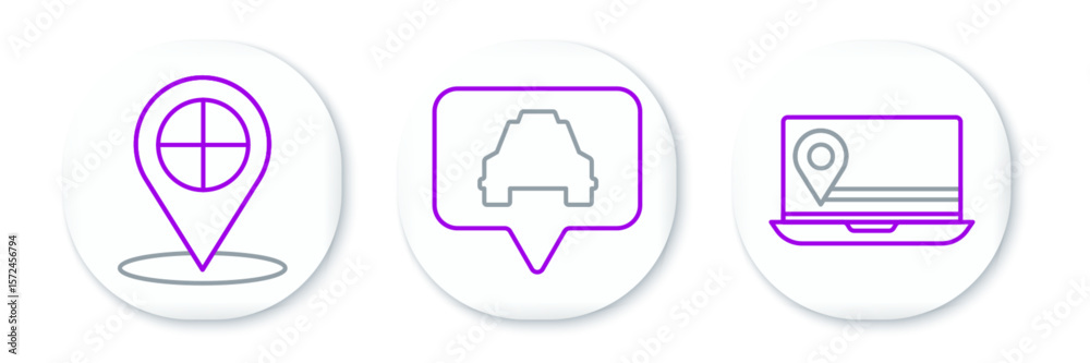 Poster set line laptop with location marker, map pointer taxi and icon. vector