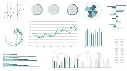 Animated chart gallery. Market trends analysis with blue and grey infographics, data, graphs and diagrams isolated on white background. 4K animation  - Powered by Adobe