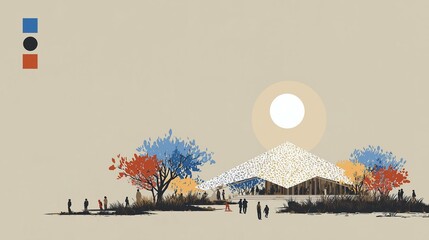 Modern Community Hub: An Illustrated Architectural Landscape