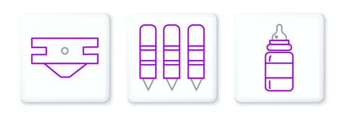 Set line Baby bottle, absorbent diaper and Wax crayons for drawing icon. Vector