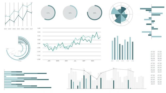 Animated chart gallery. Market trends analysis with blue and grey infographics, data, graphs and diagrams isolated on white background. 4K animation 