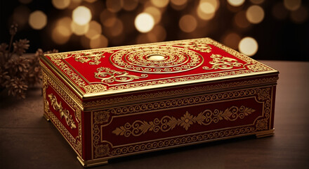 A red and gold decorative box for Indian festival gift. Traditional design for a celebration of Diwali or other special occasion.
