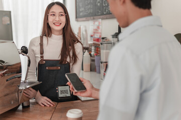 Barista engaging with customer, coffee shop, beverage service, cozy atmosphere, lively interaction