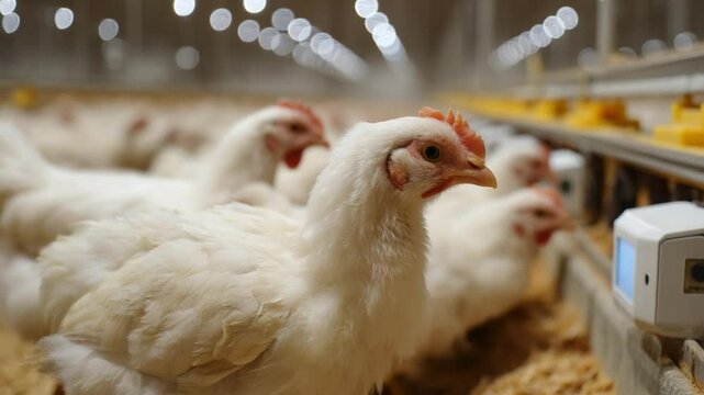 Poultry Farm: A close-up view of a modern poultry farm, showcasing a large group of healthy chickens within a controlled indoor environment, representing aspects of livestock and agriculture