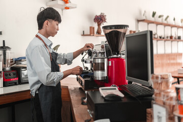 Barista brewing coffee in urban , action shot showcasing craftsmanship, side view focus