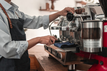 Crafting coffee perfection, cozy kitchen bar, barista technique, close-up view, inviting atmosphere