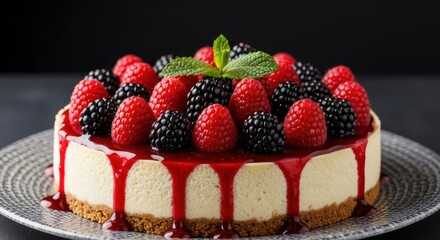 A delicious cheesecake topped with fresh raspberries and blackberries, drizzled with a sweet berry sauce