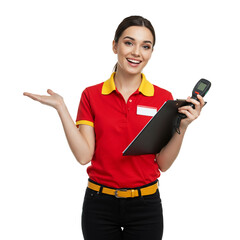 A smiling woman in a red polo shirt holding a clipboard and a device, Customer service professional, Retail staff welcome, Efficient business operations, and Friendly employee assistance