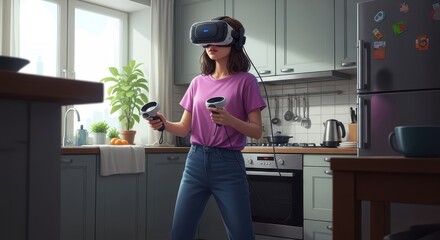 A woman explores virtual reality in her kitchen using a vr headset and controllers