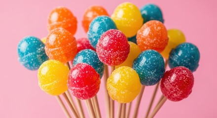 A vibrant collection of colorful lollipops on sticks, creating a sweet and sugary treat