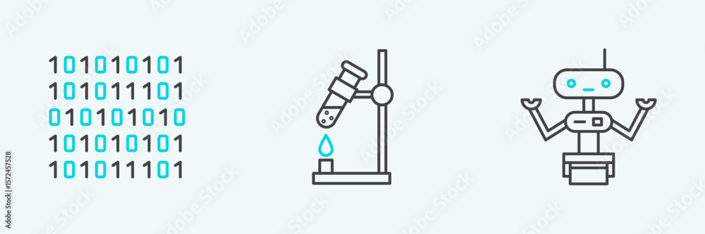 Poster Set line Robot, Binary code and Test tube flask on fire icon. Vector