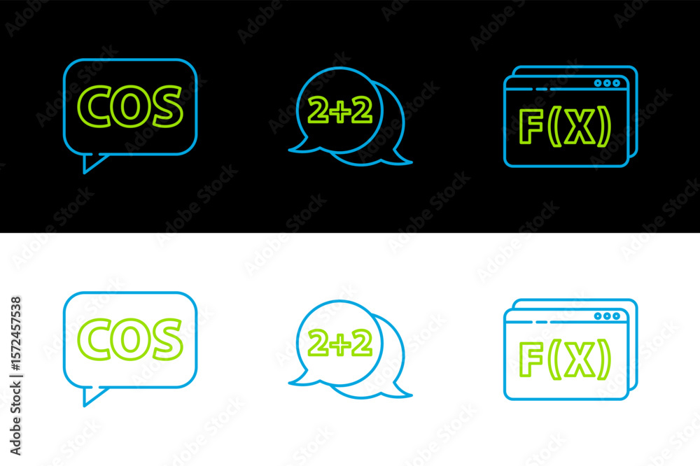 Poster set line function mathematical symbol, mathematics function cosine and equation solution icon. vecto