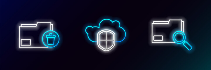 Set line Search concept with folder, Delete and Cloud and shield icon. Glowing neon. Vector