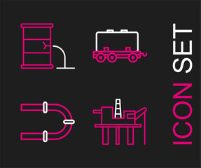 Set line Oil platform in the sea, Industry pipe, railway cistern and Barrel oil leak icon. Vector