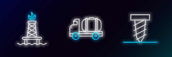 Set line Rotating drill digging a hole, Oil rig with fire and Tanker truck icon. Glowing neon. Vector