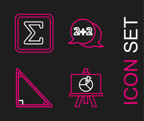 Set line Chalkboard with diagram, Triangle math, Equation solution and Sigma symbol icon. Vector