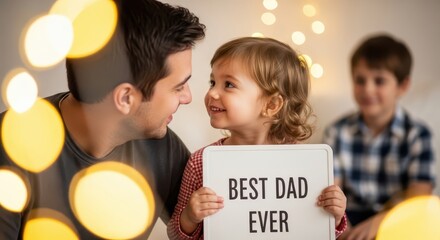 A heartwarming moment between a father and daughter, holding a best dad ever sign, filled with love and happiness