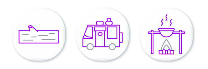 Set line Campfire and pot, Wooden log and Rv Camping trailer icon. Vector