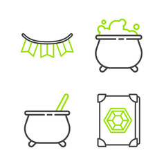 Set line Ancient magic book, Witch cauldron, and Carnival garland with flags icon. Vector