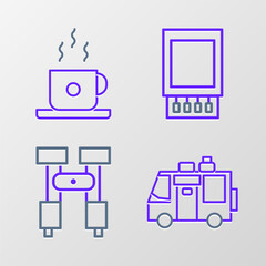 Set line Rv Camping trailer, Binoculars, Open matchbox and matches and Coffee cup icon. Vector