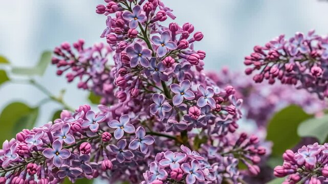 A closeup captures a cluster of purple lilac blooms with blue hints set against a soft blurred background