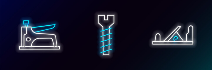 Set line Wood plane tool, Construction stapler and Metallic screw icon. Glowing neon. Vector