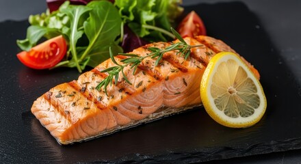 A perfectly grilled salmon fillet is served with a refreshing salad and a zesty lemon wedge on a sleek slate plate