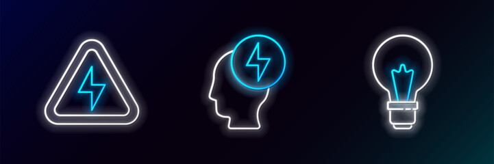 Set line Light bulb with concept of idea, High voltage and Head and electric symbol icon. Glowing neon. Vector