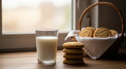 A glass of fresh milk and a stack of homemade cookies sit on a wooden table near a window
