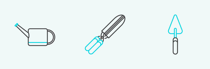 Set line Garden trowel spade or shovel, Watering can and Gardening handmade scissors for trimming icon. Vector