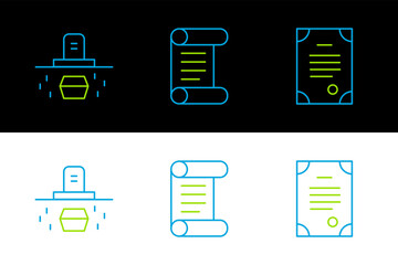 Set line Death certificate, Grave with coffin and Decree, parchment, scroll icon. Vector
