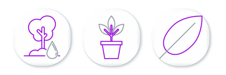 Set line Leaf, Watering Tree and Flowers pot icon. Vector