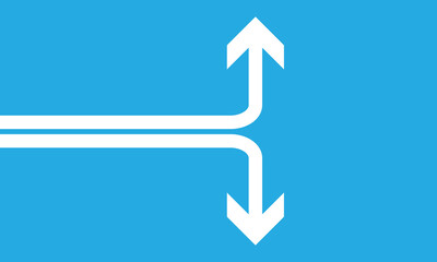 Two white half arrows coming together and merging, forming a single arrow on a background.