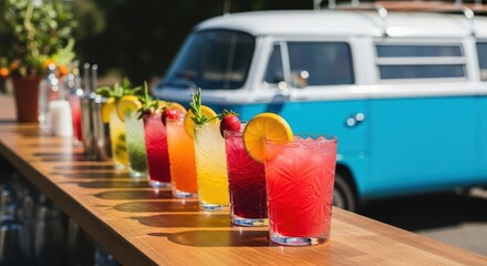A row of colorful cocktails lines a wooden bar in front of a vintage van